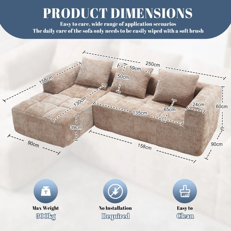 Oversized Modular L-Shaped Sofa with Deep-Seated Sleeper Design, Plush Sectional Sofa with Hidden Side Pockets, 250L x 158W x 60H cm, Khaki