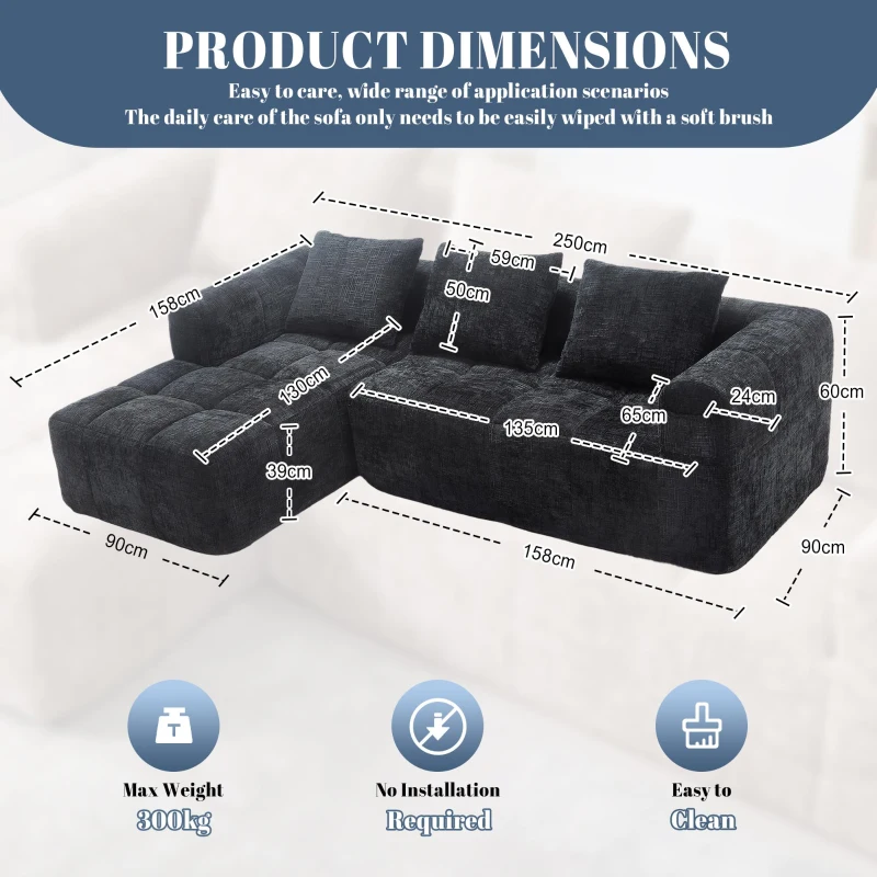 Oversized Modular L-Shaped Sofa with Deep-Seated Sleeper Design, Plush Sectional Sofa with Hidden Side Pockets, 250L x 158W x 60H cm, Black