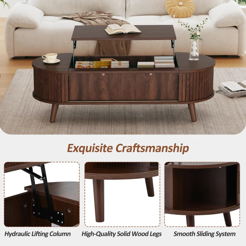 Lift-Up Oval Coffee Table with Hidden Storage and Roller-Shutter Doors, Space-Saving Centre Table with Solid Wood Legs, 120L x 50W x 39.5H cm, Wood
