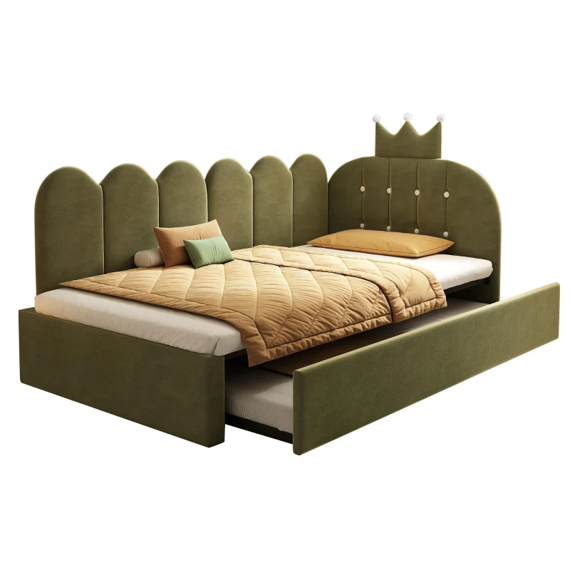 Upholstered Daybed with Pull-Out Trundle and Lattice Detail, Crown-Headboard Kids Bed with Metal Slatted Frame, 194L x 98W x 95H cm, Green