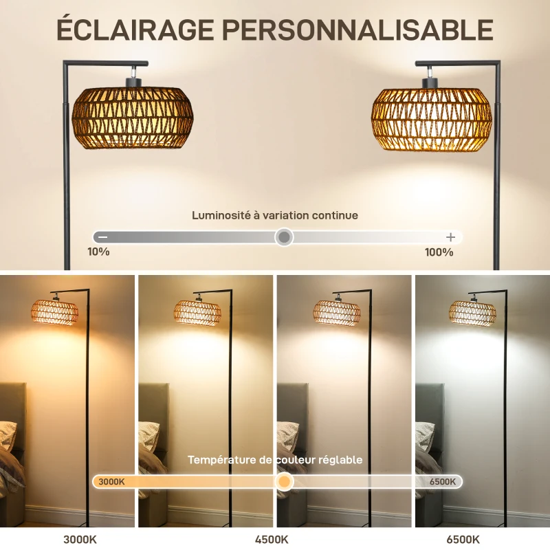 HOMCOM Lampadaire sur pied salon, lampe sur pied dimmable, 3 températures de couleur, télécommande, 52x33x170cm, noir