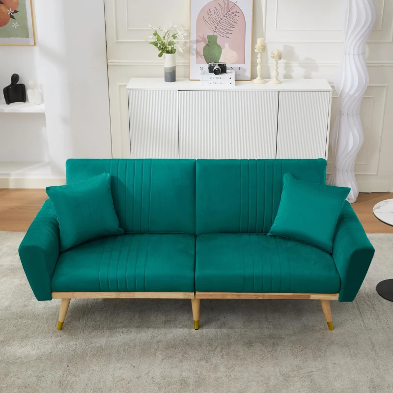 Convertible Futon Sofa Bed with 3-Position Adjustable Backrest, Modern Fleece Loveseat with Solid Wood Legs, 197.5L x 86W x 60H cm, Green