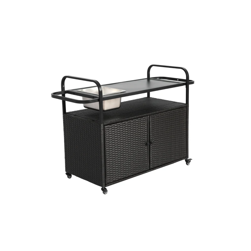 Carrito de bar para exterior con depósito para hielo, ruedas bloqueables, para jardín, zona de piscina y patio trasero, 131x50x91 cm, Negro