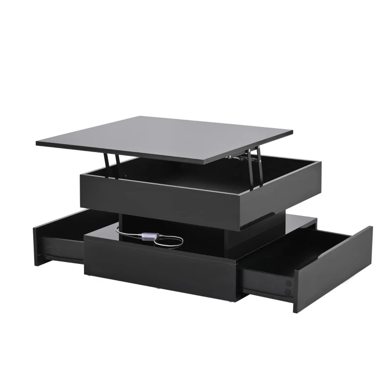 Lift-Up Coffee Table with App-Controlled LED Light Strip and Hidden Storage, Stylish Center Table with 2 Drawers, 65L x 65W x 38.5H cm, Black