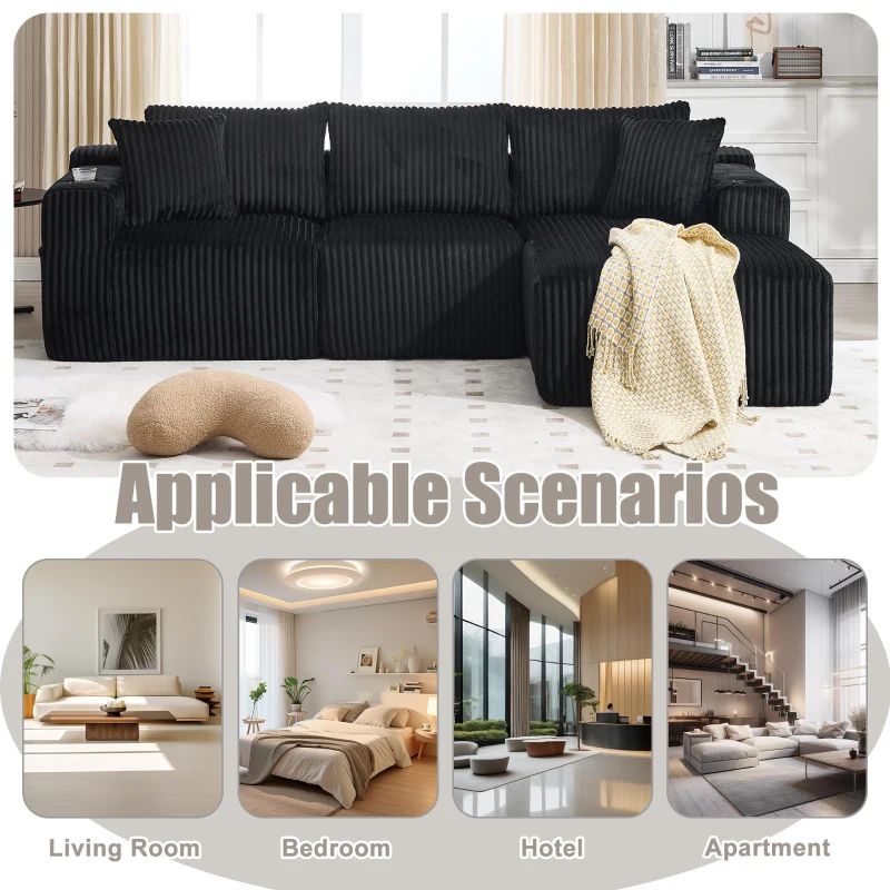 Modular L-Shaped Sectional Sofa with Deep Seat, Plush Corduroy Boneless Couch for Living Room, 257L x 160W x 80H cm, Black