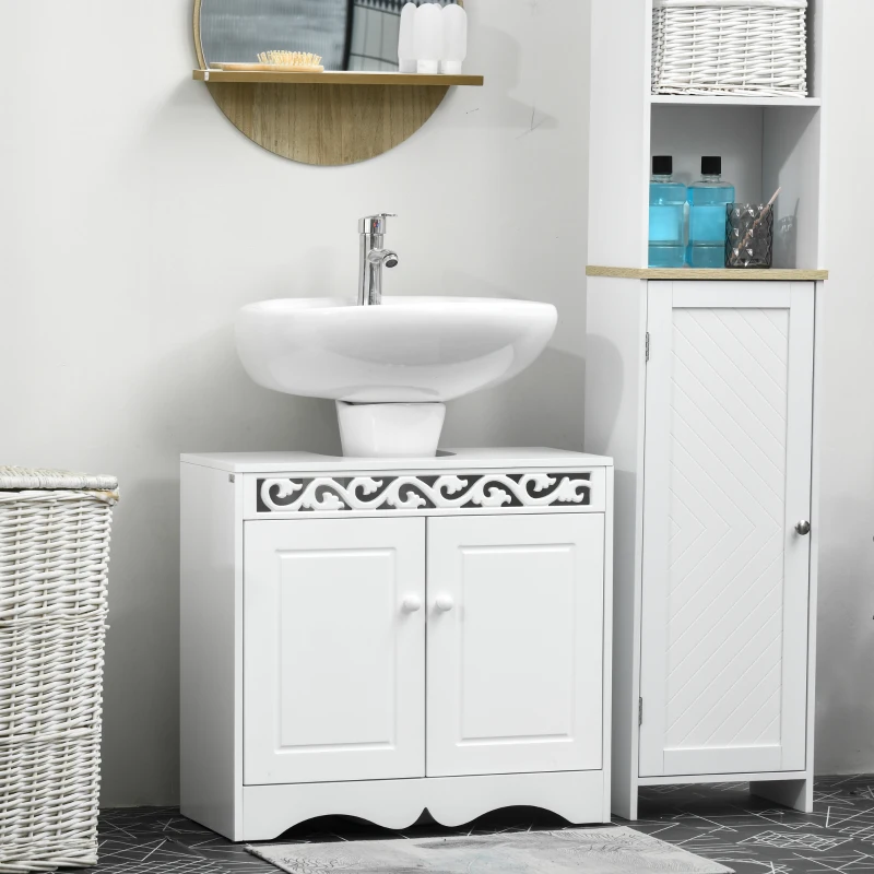 HOMCOM Armario de Baño tipo Mueble Bajo para Lavabo con 2 Puertas y Estantes 60x30x56cm Diseño Moderno de Madera Blanca