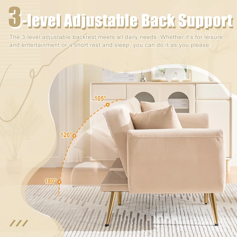 Modern 2-Seater Sofa with 3-Position Adjustable Backrest, Convertible Loveseat with Thick Padded Cushions, 165L x 72.5W x 75H cm, Beige