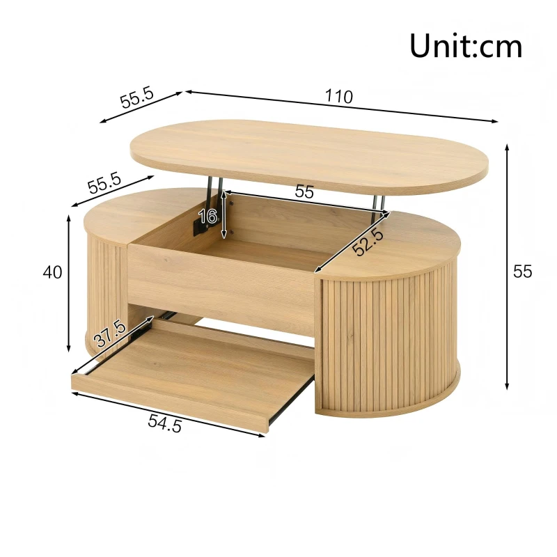 Lift-Top Coffee Table with Height-Adjustable Lift-Up Tabletop, Modern Center Table with Extendable Lower Shelf, 110L x 55.5W x 40H cm, Wood