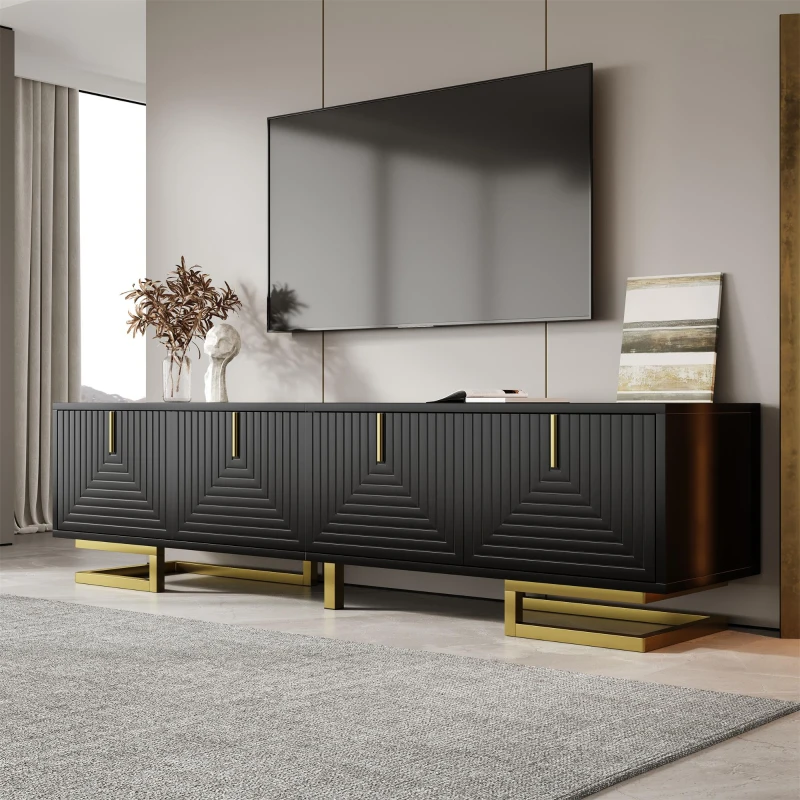 TV Cabinet with Textured Doors Metallic Handles and Sturdy Metal Legs, Elegant TV Stand with Integrated Shelves, 160L x 38W x 44.5H cm, Black