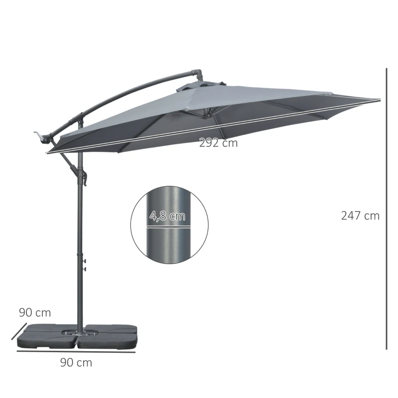 Outsunny Ampelscherm Parasol Tuinscherm, inclusief kruisvoet, weerbestendig, 292 cm x 292 cm x 247 cm, Grijs