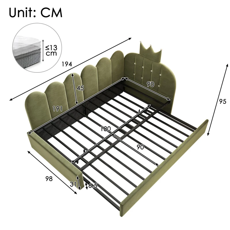 Upholstered Daybed with Pull-Out Trundle and Lattice Detail, Crown-Headboard Kids Bed with Metal Slatted Frame, 194L x 98W x 95H cm, Green
