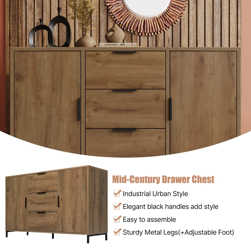 Modern Industrial Sideboard with Metal Frame and Adjustable Feet, Combo Buffet Cabinet with Height-Adjustable Shelf, 120L x 40W x 76H cm, Dark Oak