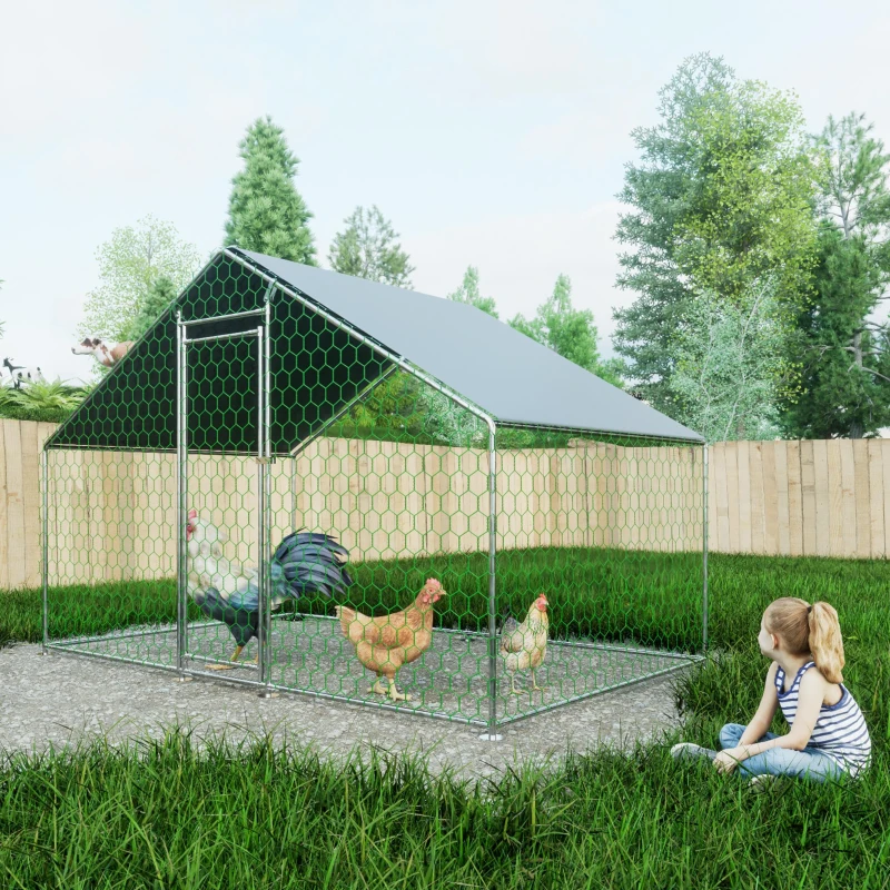 Recinto de livre circulação Galinheiro com fecho de segurança e lona PE impermeável, para galinhas, coelhos e outros pequenos animais, 303x200x200 cm, Prateado