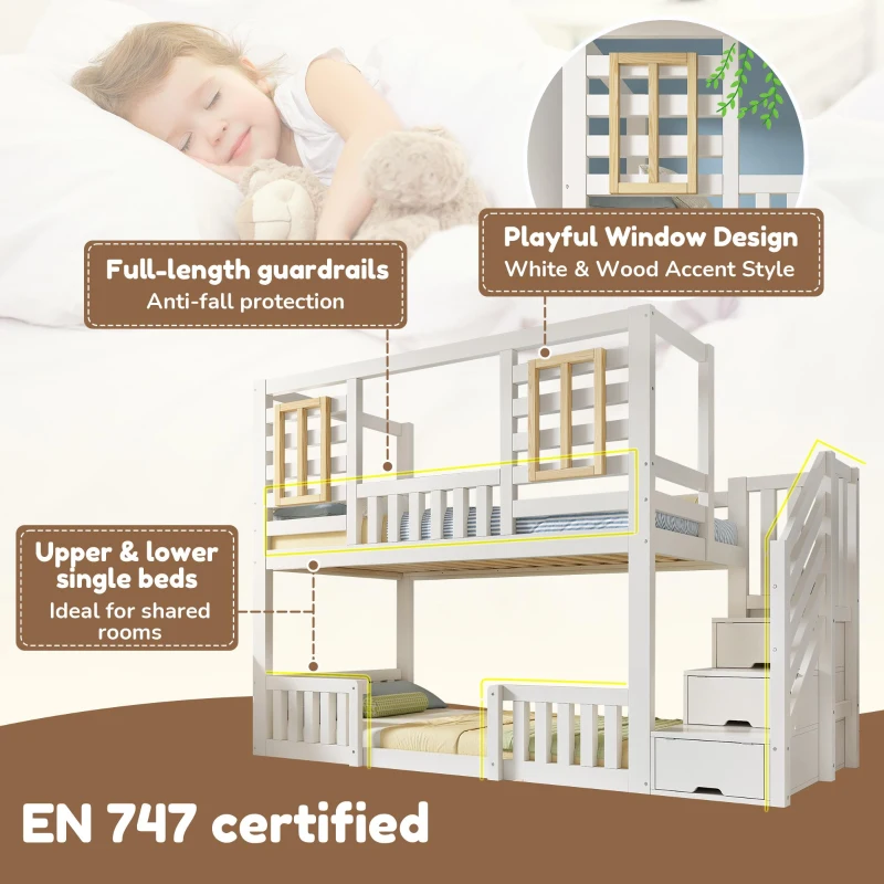 Cabin-Style Bunk Bed with Staircase Storage and Guardrail, White Window-Detailed Cabin Bed with Slatted Bases, 244L x 95W x 170H cm, White
