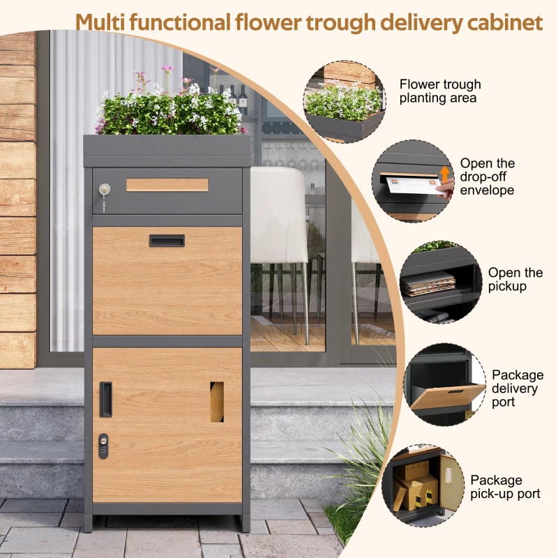 Parcel Mailbox with Integrated Planter and Letter Storage, Anti-Theft Parcel Delivery Box with Viewing Window, 50L x 37W x 118.5H cm, Grey+Wood