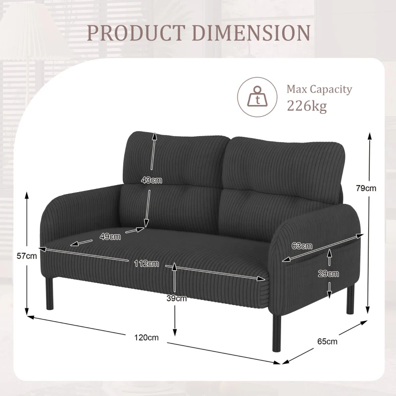 Modern Two-Seater Corduroy Sofa with High-Rebound Springs, Comfortable Loveseat with Side Storage Pockets, 120L x 65W x 79H cm, Gray