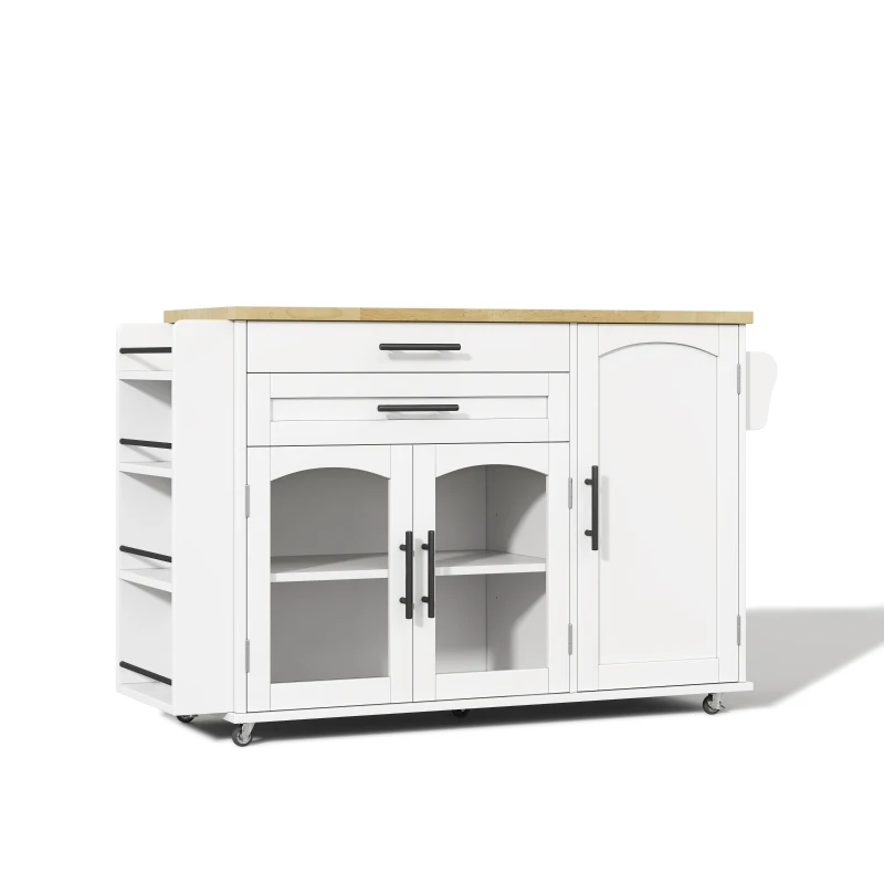 Mobile Kitchen Island Trolley with Lockable 360° Wheels, Glass-Door Storage Cabinet with Adjustable Shelves, 138L x 70W x 90H cm, White