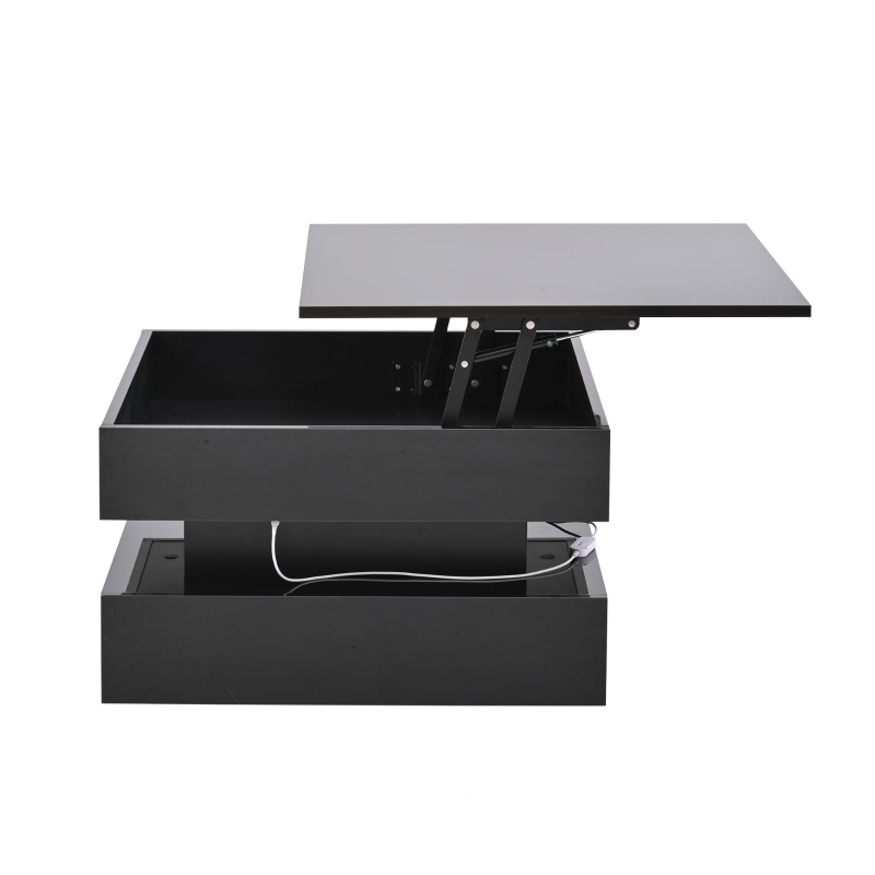Lift-Up Coffee Table with App-Controlled LED Light Strip and Hidden Storage, Stylish Center Table with 2 Drawers, 65L x 65W x 38.5H cm, Black