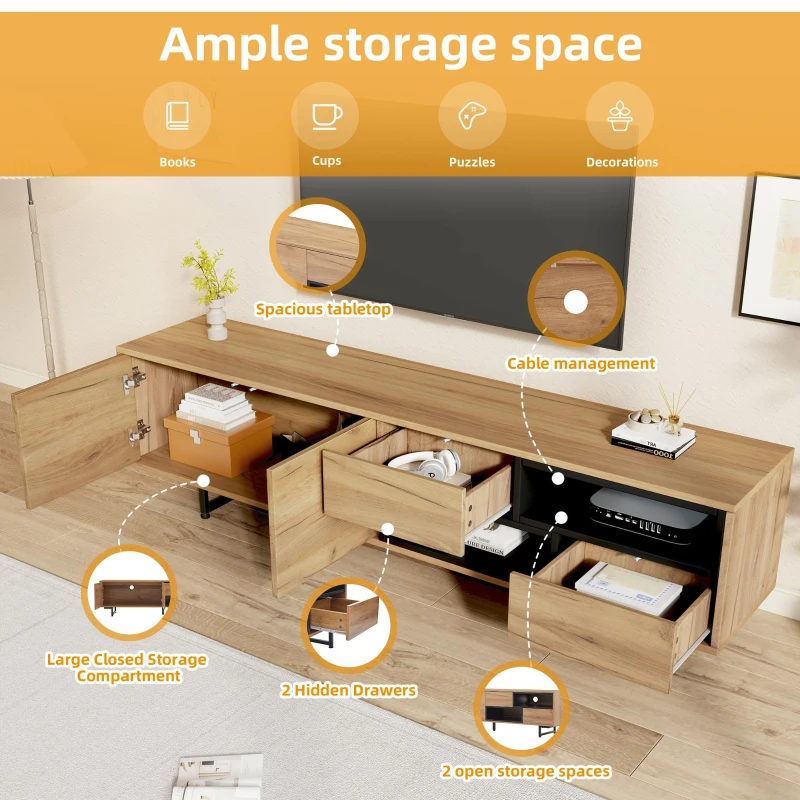 Living Room TV Cabinet with Multi‑Functional Chipboard Storage, Modern TV Stand with 2 Diagonal Drawers, 173L x 38W x 48H cm, Natural Wood