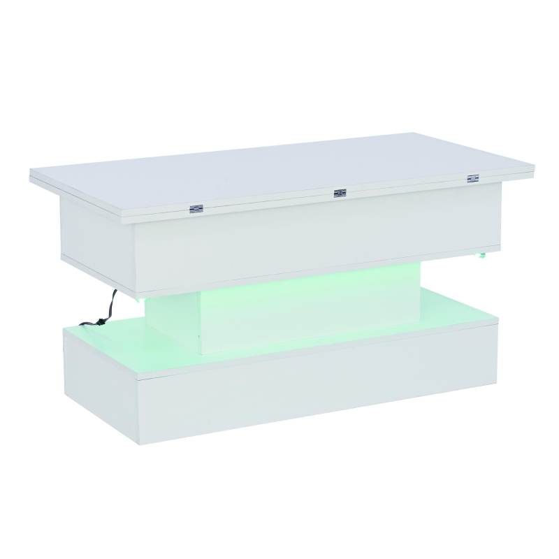 Multifunctional White Coffee Table with Integral Power Outlet, Modern Center Table with App-Controlled LED Light, 100L x 50W x 51.5H cm, White