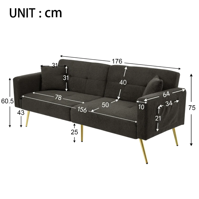 Convertible Sofa Bed with 3‑Position Adjustable Backrest, Comfortable Daybed with High‑Density Foam Seat, 176L x 64W x 75H cm, Dark Gray