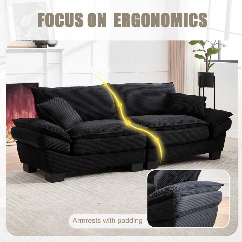 Oversized Two-Seater Sofa with Modern Deep-Seated Modular Design, Comfortable Daybed with Ergonomic Curves, 224L x 81W x 81H cm, Black