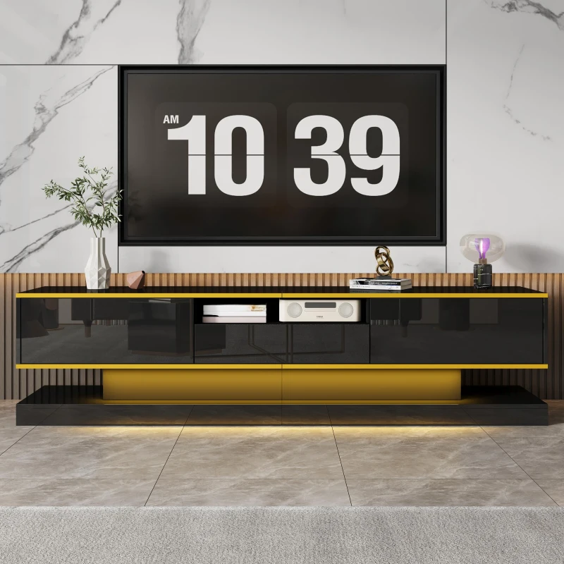 Modern TV Cabinet with 3 Drawers and Open Compartment, Contemporary TV Stand with Colour‑Changing LED Strip, 180L x 38W x 45H cm, Black