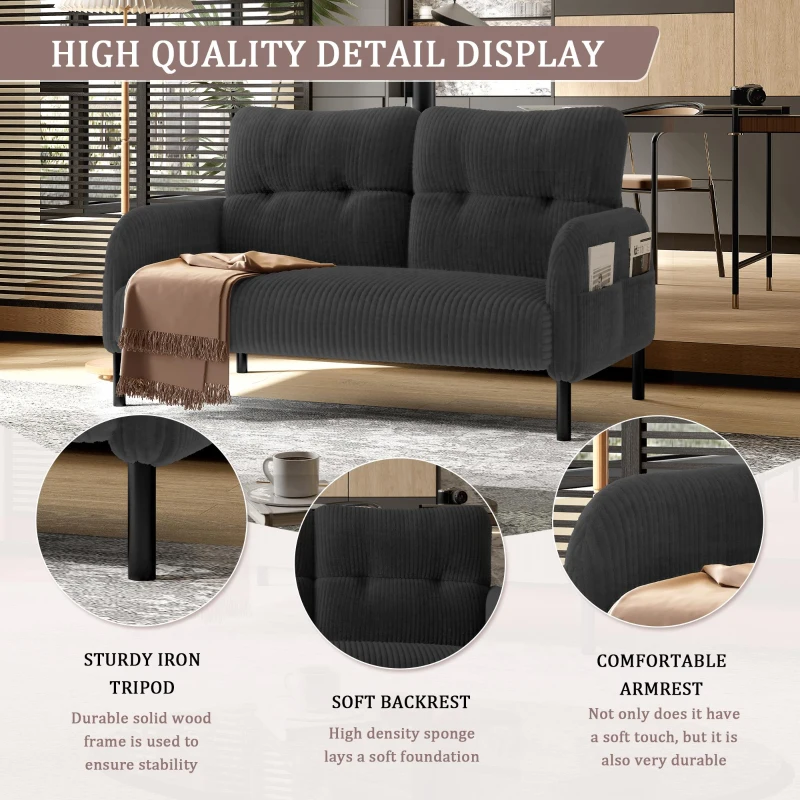 Modern Two-Seater Corduroy Sofa with High-Rebound Springs, Comfortable Loveseat with Side Storage Pockets, 120L x 65W x 79H cm, Gray