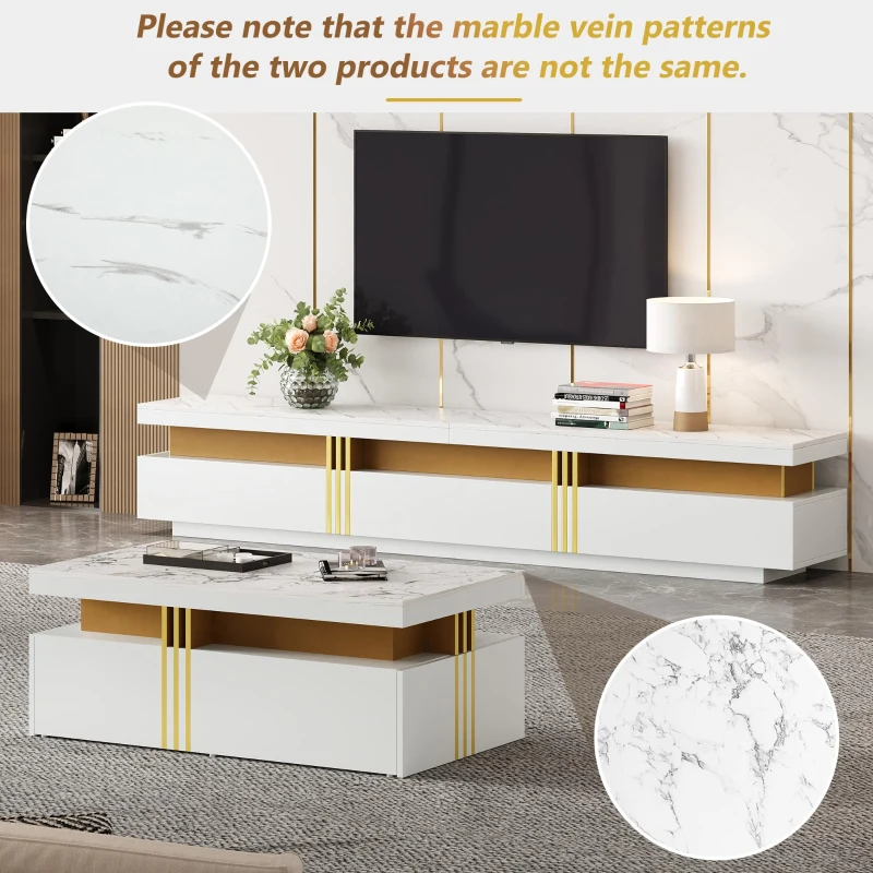 TV Stand and Coffee Table Set with Ample Storage, 2-Piece Living Room Furniture Set with Durable Particleboard, 200L x 40W x 42H cm, White