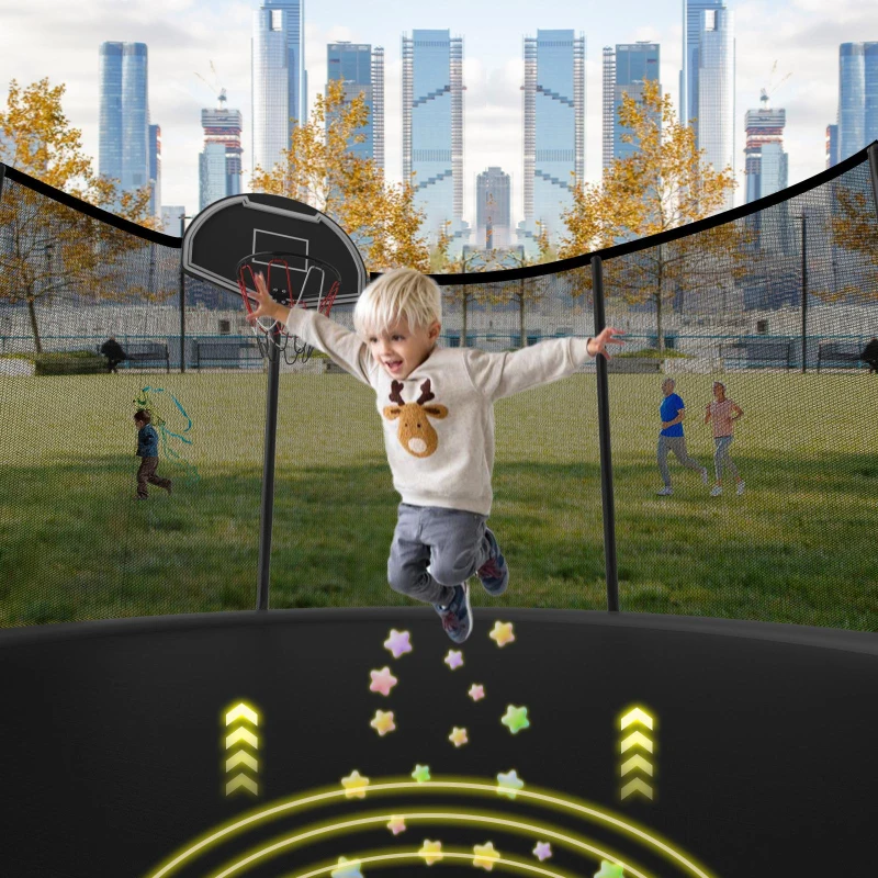 Outdoor Trampoline with Basketball Hoop and Safety Net, Heavy Duty Rebounder with Weatherproof Steel Frame, 366L x 366W x 76H cm, Black