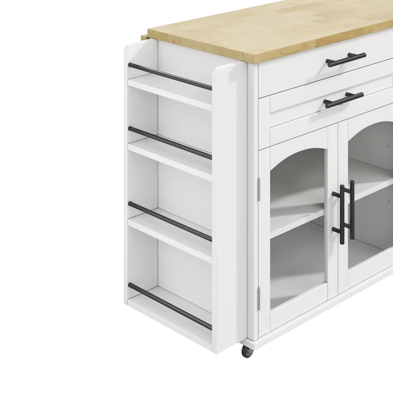 Mobile Kitchen Island Trolley with Lockable 360° Wheels, Glass-Door Storage Cabinet with Adjustable Shelves, 138L x 70W x 90H cm, White