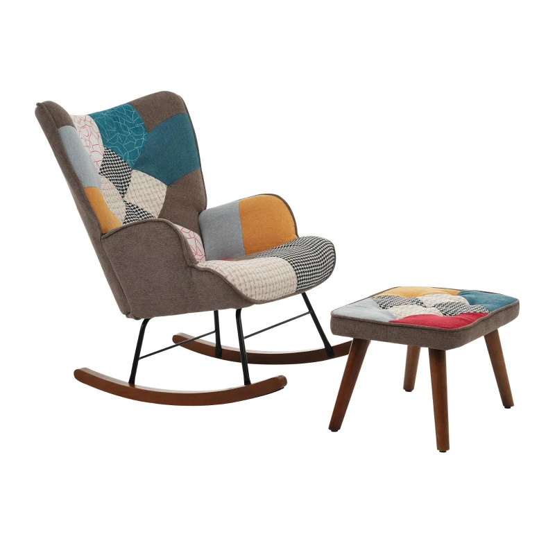 Rocking Chair and Footstool Set with Back Cushion, Quilted Patchwork Leisure Chair Solid with Wood and Iron Legs, 100L x 69.5W x 88.5H cm, Colorful
