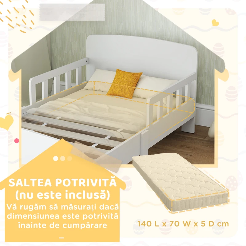AIYAPLAY Pat pentru Copii 3-8 Ani Jos cu Laterale de Protecție și Margini Nete, din Lemn, 143,5x74,2x54 cm, Alb