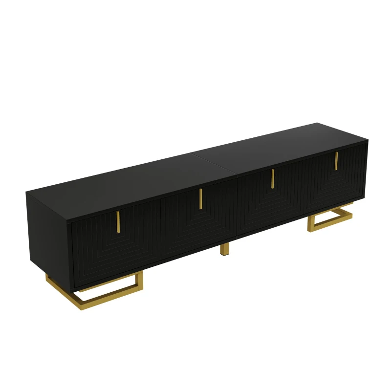 TV Cabinet with Textured Doors Metallic Handles and Sturdy Metal Legs, Elegant TV Stand with Integrated Shelves, 160L x 38W x 44.5H cm, Black
