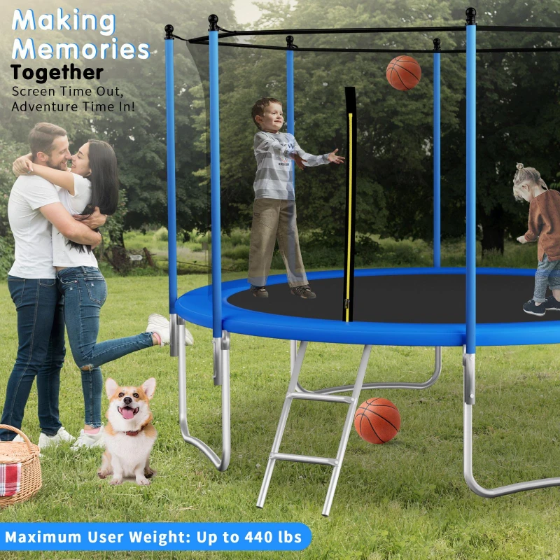 Outdoor Trampoline with Basketball Hoop and Safety Net, Heavy Duty Rebounder with Weatherproof Steel Frame, 366L x 366W x 76H cm, Blue