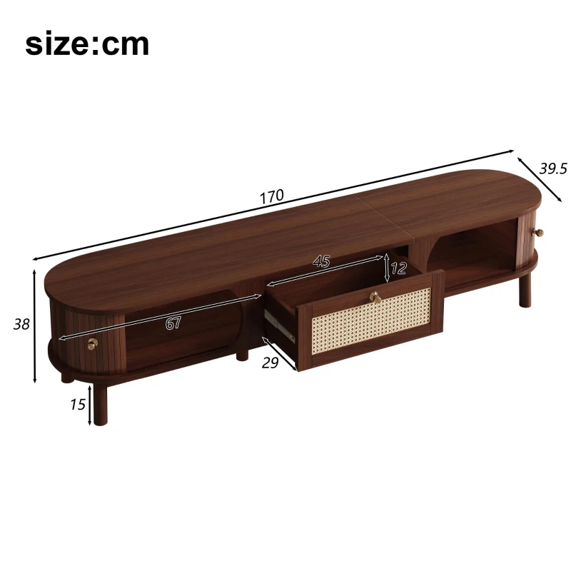 Walnut TV Cabinet with Solid Wood Doors and Handwoven Rattan Drawers, Sliding-Door TV Stand with Solid Wood Legs, 170L x 39.5W x 38H cm, Walnut