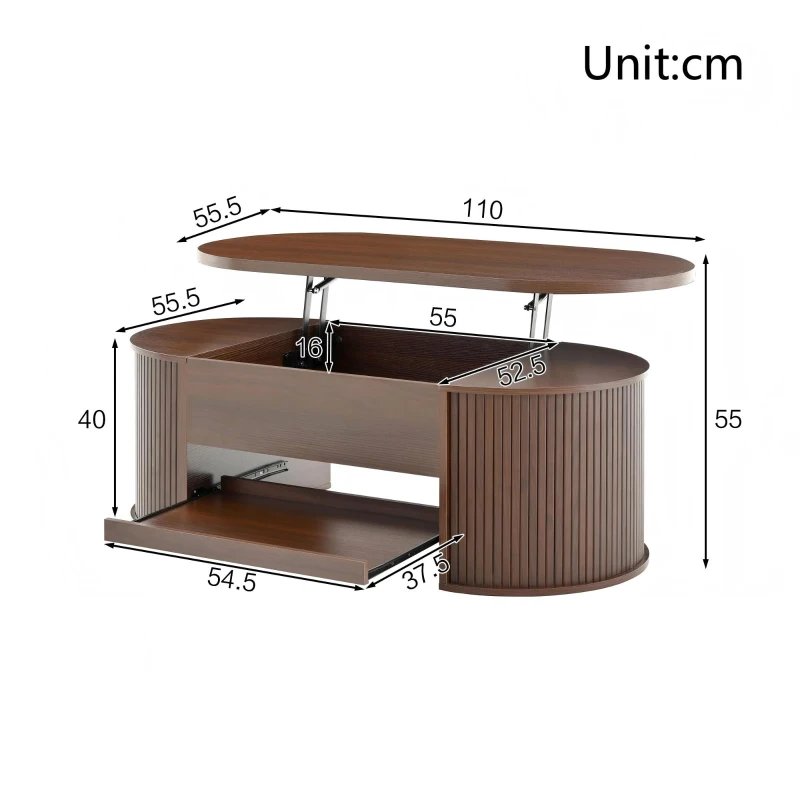 Lift-Top Coffee Table with Wooden Sides and Extendable Lower Shelf, Height-Adjustable Center Table with Ample Storage, 110L x 55.5W x 40H cm, Wood