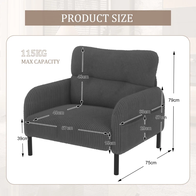 Corduroy Single-Seater Armchair with High-Density Foam Cushion, Ergonomic Wide Seat with Double Side Storage Pockets, 67L x 75W x 79H cm, Gray