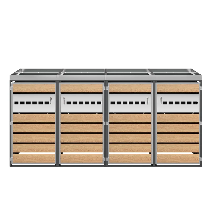 4-Compartment Outdoor Bin Enclosure with Integrated Planter, Planter-Top Quad Bin Storage with Lockable Doors, 264L x 80W x 124.5H cm, Grey+Wood
