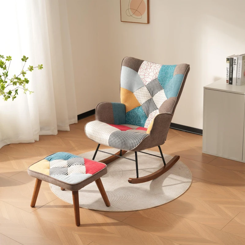 Rocking Chair and Footstool Set with Back Cushion, Quilted Patchwork Leisure Chair Solid with Wood and Iron Legs, 100L x 69.5W x 88.5H cm, Colorful
