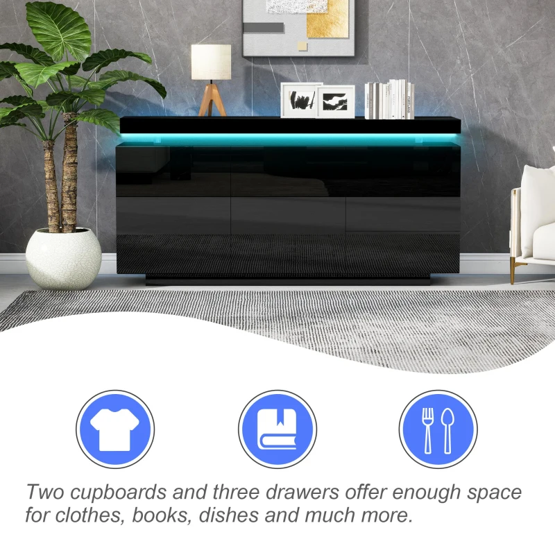 High Gloss Sideboard with LED Lights and Noiseless Hydraulic Hinges, Modern Storage Cabinet with 2 doors and 3 drawers, 140L x 35W x 72.5H cm, Black