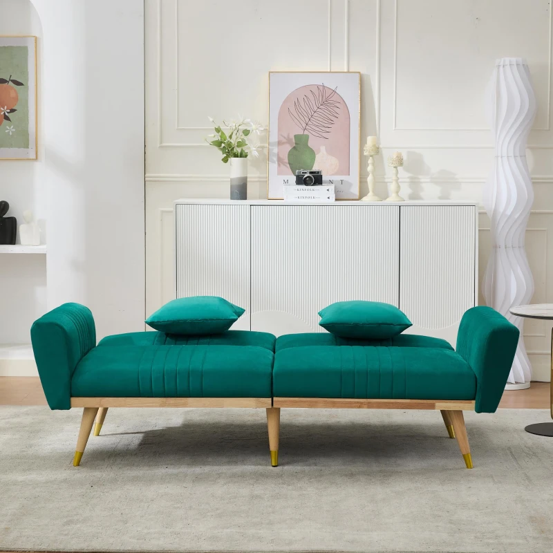 Convertible Futon Sofa Bed with 3-Position Adjustable Backrest, Modern Fleece Loveseat with Solid Wood Legs, 197.5L x 86W x 60H cm, Green