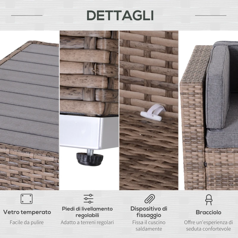 Outsunny Salotto da Giardino in Rattan da 7 Pezzi con Tavolino e Divano Modulabile con Cuscini, Grigio