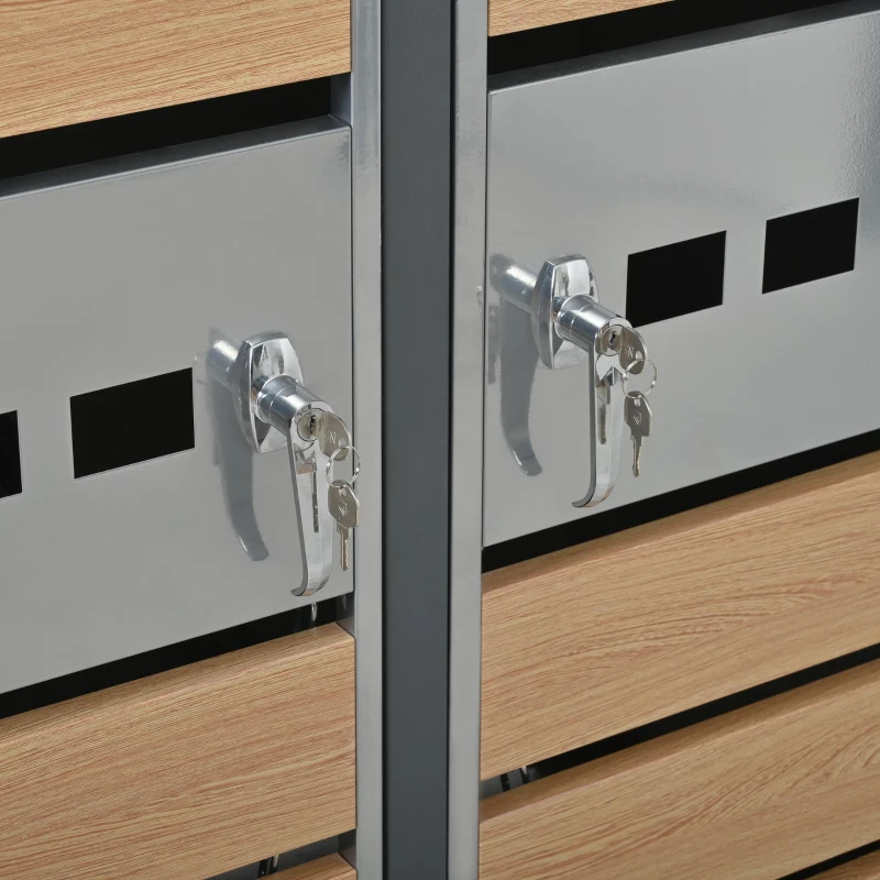 Lockable Outdoor Bin Storage Cabinet with Integrated Planter, Double Bin Storage Shed with Galvanised Steel Frame, 132L x 80W x 124.5H cm, Grey+Wood
