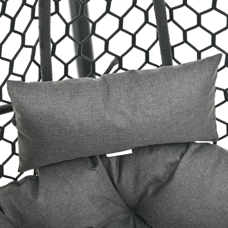 Cadeira suspensa em forma de ovo com suporte, cadeira de baloiço com apoio de pés regulável, cadeira suspensa de jardim com almofada de assento & almofado, 140x94x197 cm, Cinzento