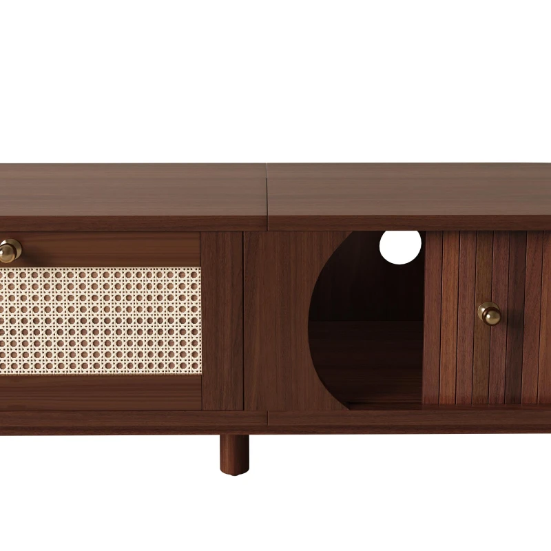 Walnut TV Cabinet with Solid Wood Doors and Handwoven Rattan Drawers, Sliding-Door TV Stand with Solid Wood Legs, 170L x 39.5W x 38H cm, Walnut