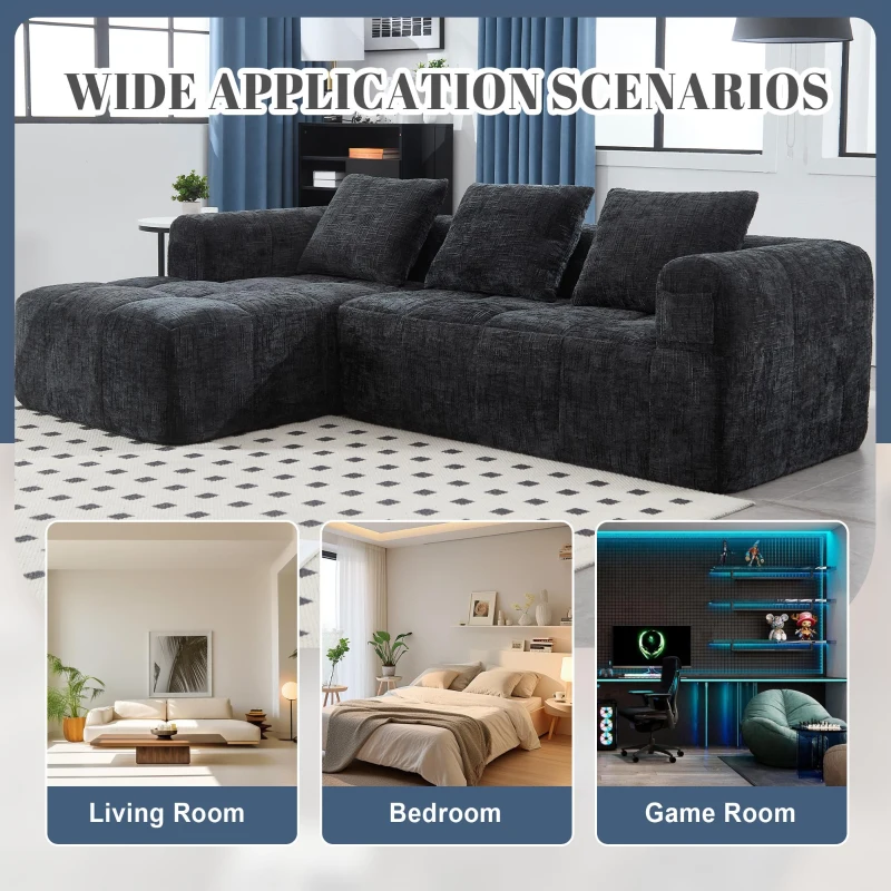 Oversized Modular L-Shaped Sofa with Deep-Seated Sleeper Design, Plush Sectional Sofa with Hidden Side Pockets, 250L x 158W x 60H cm, Black