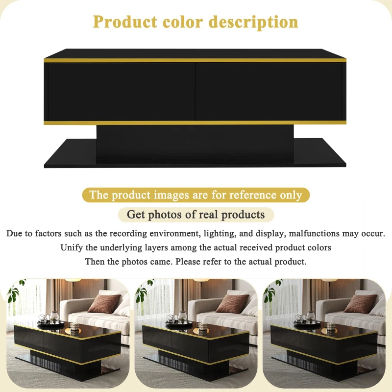 Modern LED Coffee Table with USB-Powered Colour-Changing Light Strip, Functional Center Table with 3 Drawers, 100L x 50W x 40H cm, Black