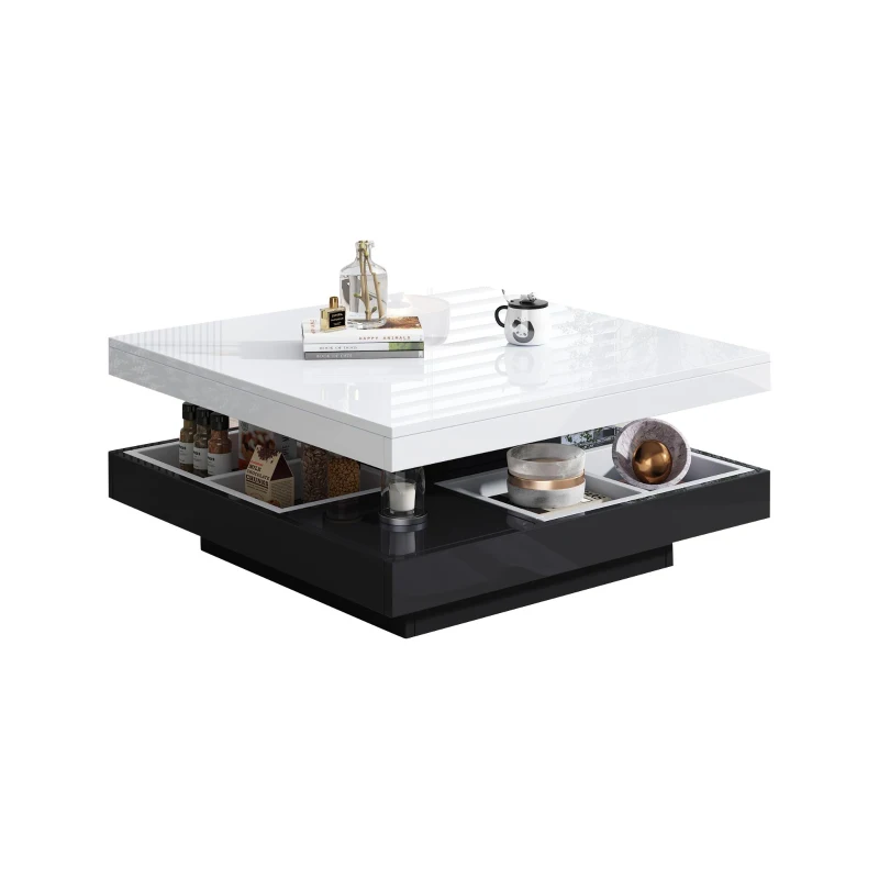 Contemporary Coffee Table with Large-Capacity Lower Shelf, 2-Tone Center Table with Recessed Compartments, 70L x 70W x 36H cm, Black