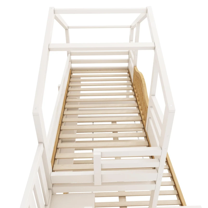 House-Shaped Bunk Bed with Staircase Storage, Space-Saving Kids Bed with Integrated Shelves, 244L x 140W x 206H cm, White+Natural